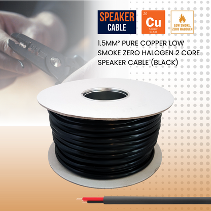 1.5mm² Pure Copper Low Smoke Zero Halogen 2 Core Speaker Cable (Black)