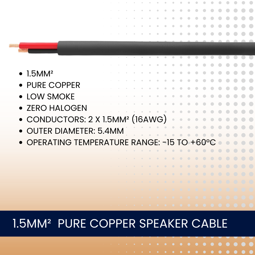 1.5mm² Pure Copper Low Smoke Zero Halogen 2 Core Speaker Cable (Black)