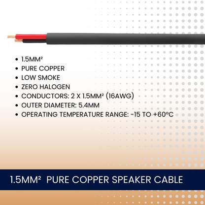 1.5mm² Pure Copper Low Smoke Zero Halogen 2 Core Speaker Cable (Black)