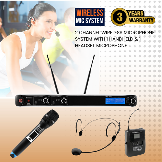 2 Channel Wireless Microphone System With 1 Handheld & 1 Headset Microphone