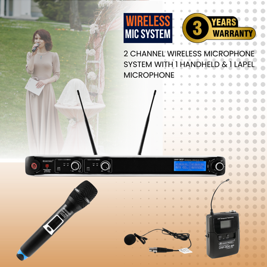 2 Channel Wireless Microphone System With 1 Handheld & 1 Lapel Microphone