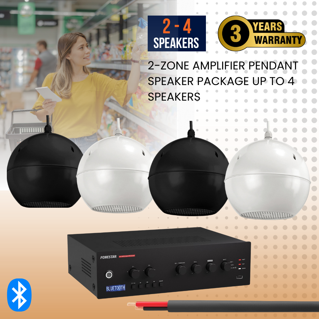 2-Zone Amplifier Pendant Speaker Package Up To 4 Speakers Background Music System