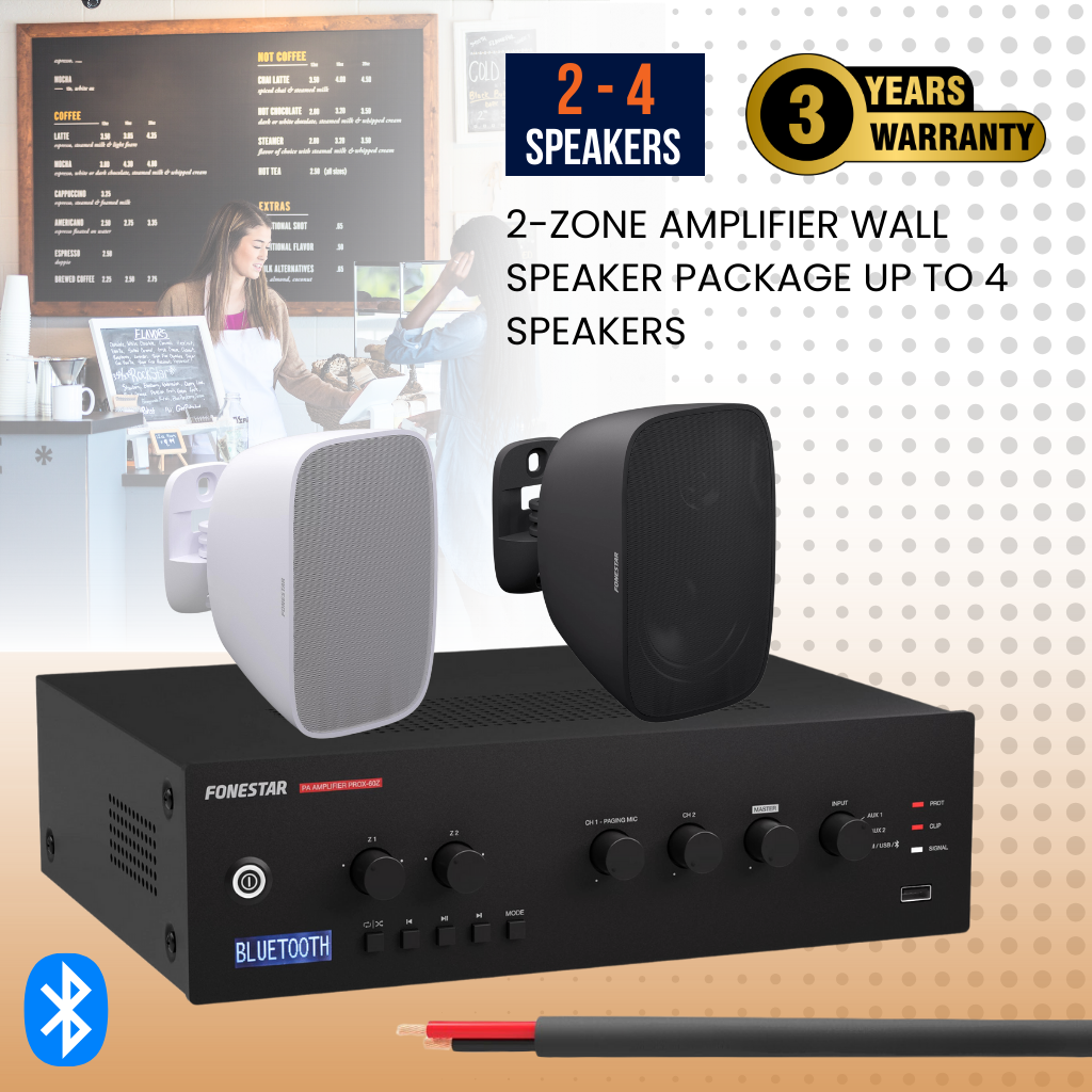 2-Zone Amplifier Wall Speaker Package Up To 4 Speakers Background Music System