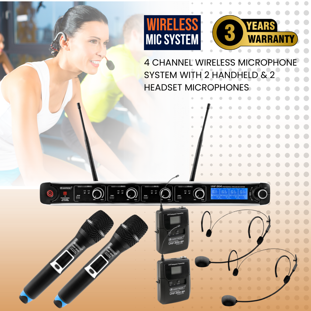 4 Channel Wireless Microphone System With 2 Handheld & 2 Headset Microphones