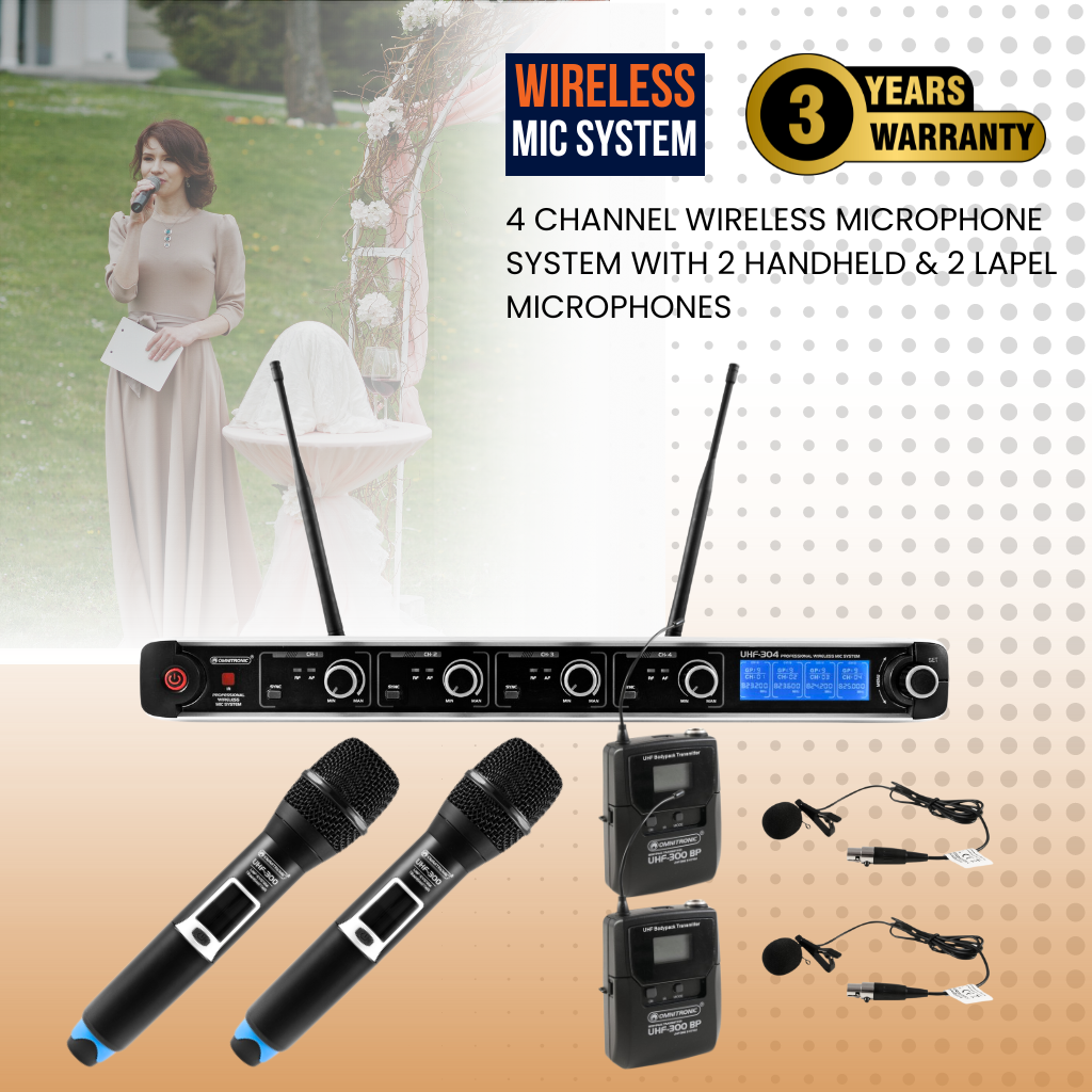 4 Channel Wireless Microphone System With 2 Handheld & 2 Lapel Microphones