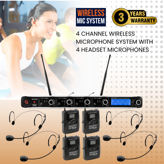 4 Channel Wireless Microphone System With 4 Headset Microphones