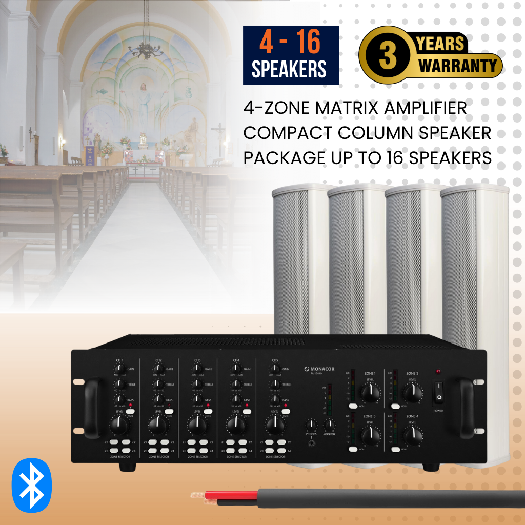 4-Zone Matrix Amplifier Compact Column Speaker Package Up To 16 Speakers Background Music System