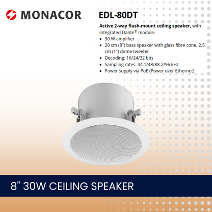 Monacor EDL-80DT 8" 30W DANTE ceiling speaker