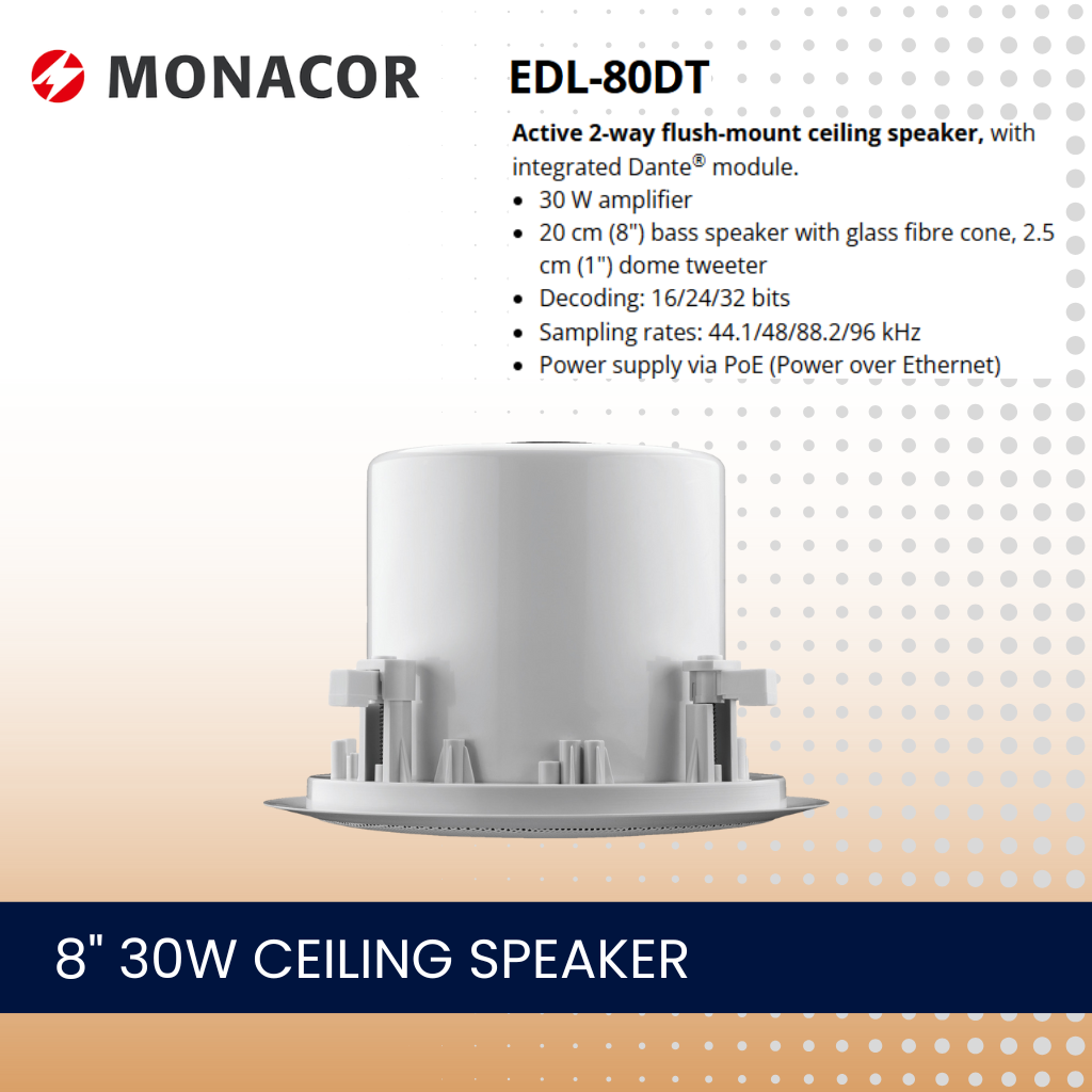 Monacor EDL-80DT 8" 30W DANTE ceiling speaker