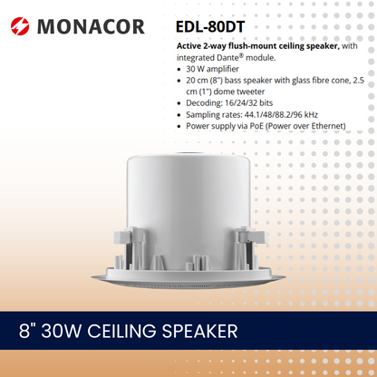 Monacor EDL-80DT 8" 30W DANTE ceiling speaker