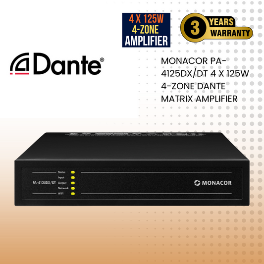 Monacor PA-4125DX/DT 4 x 125W 4-zone DANTE matrix amplifier