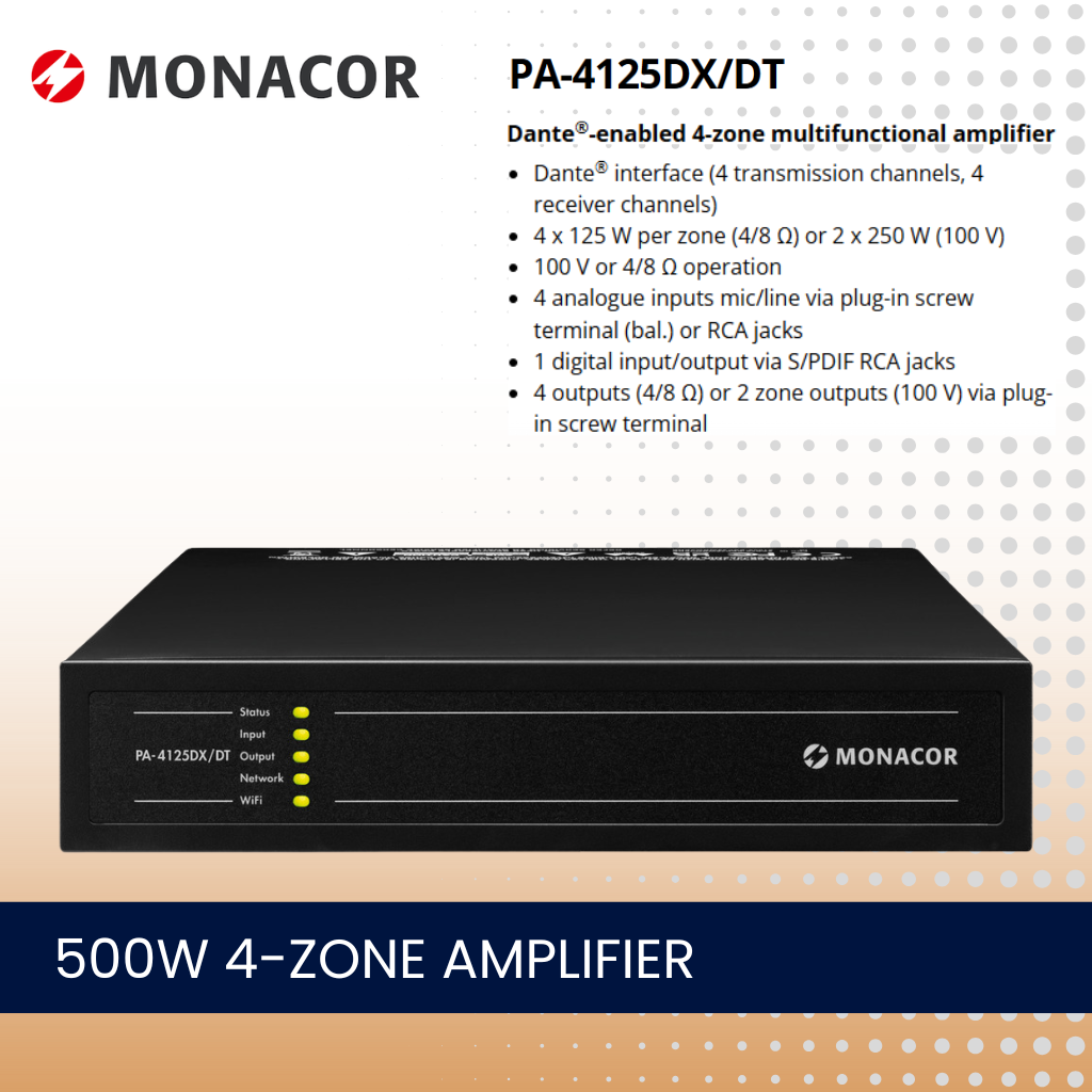 Monacor PA-4125DX/DT 4 x 125W 4-zone DANTE matrix amplifier