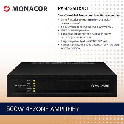 Monacor PA-4125DX/DT 4 x 125W 4-zone DANTE matrix amplifier