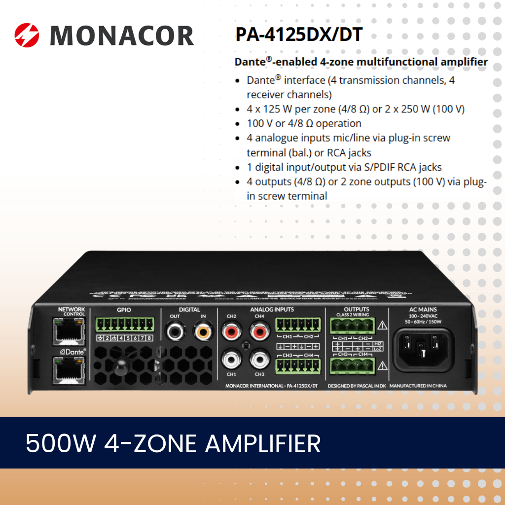 Monacor PA-4125DX/DT 4 x 125W 4-zone DANTE matrix amplifier