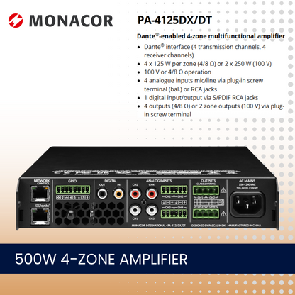 Monacor PA-4125DX/DT 4 x 125W 4-zone DANTE matrix amplifier