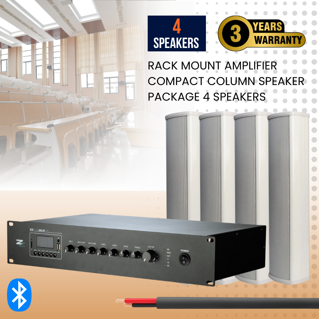 Rack Mount Amplifier Compact Column Speaker Package 4 Speakers Background Music System