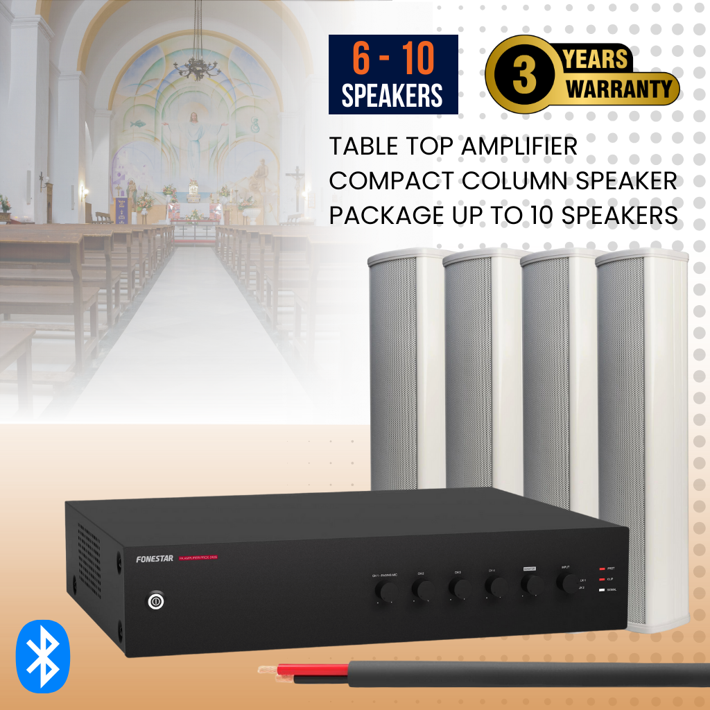 Table Top Amplifier Compact Column Speaker Package Up To 10 Speakers Background Music System